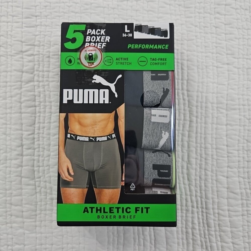 5 Pack Puma Boxer Brief Men's L‎ 36-38 Athletic Fit Tag Free NIB Active Stretch